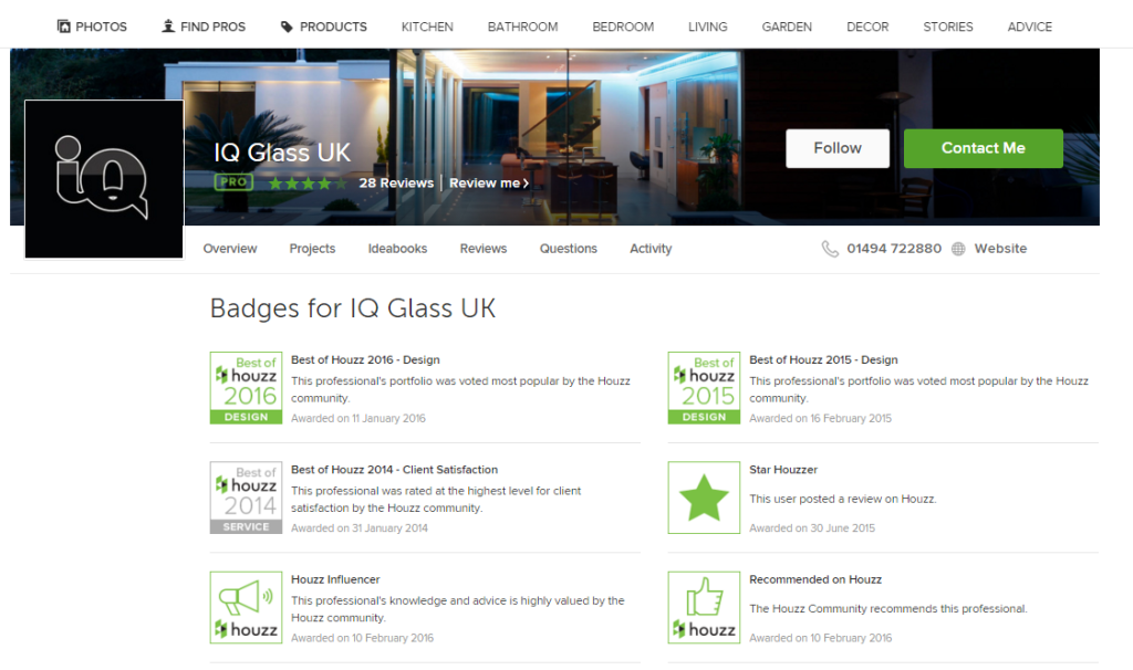 IQ Glass UK current badge portfolio from Houzz